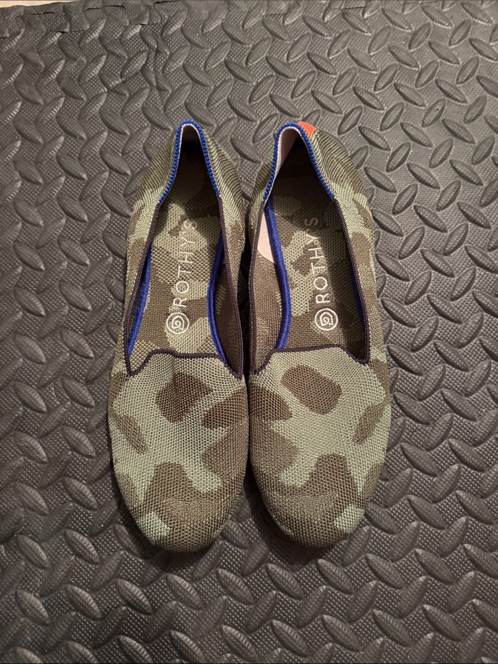 Rothy's Women's Camo Knit Slip-On Flats in Olive, Brown and Blue Trim